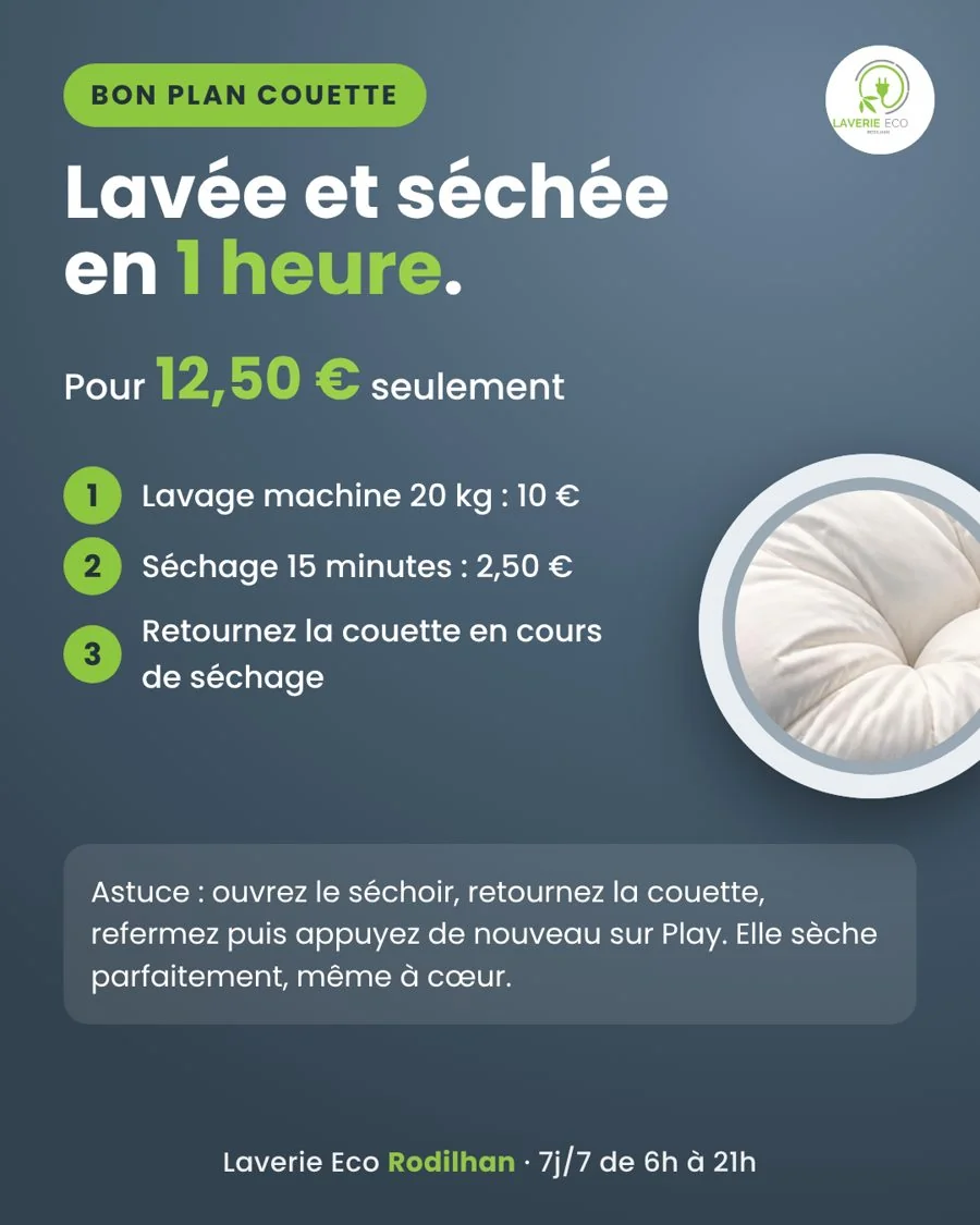 Couette lavée et séchée en une heure pour 12,50 euros